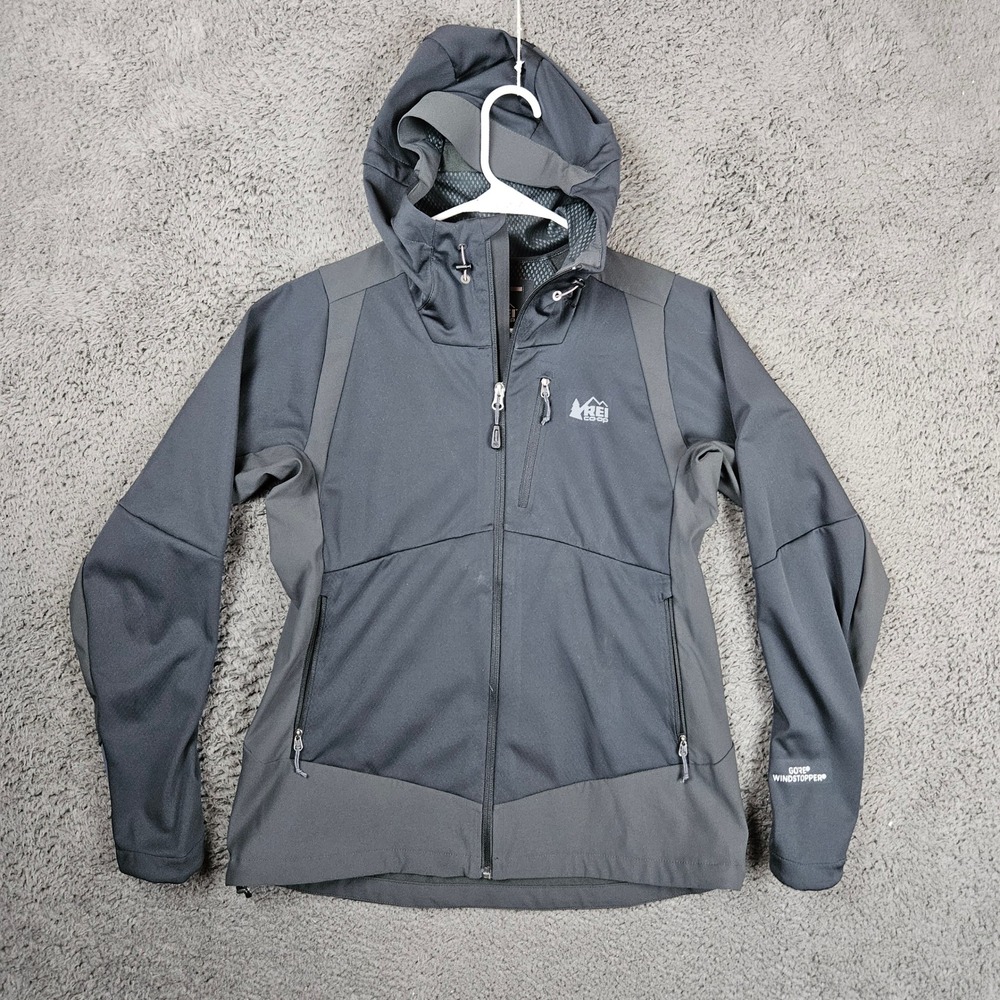 REI Co-op Gore Windstopper Softshell Hooded Jacket Womens Medium‎ Black